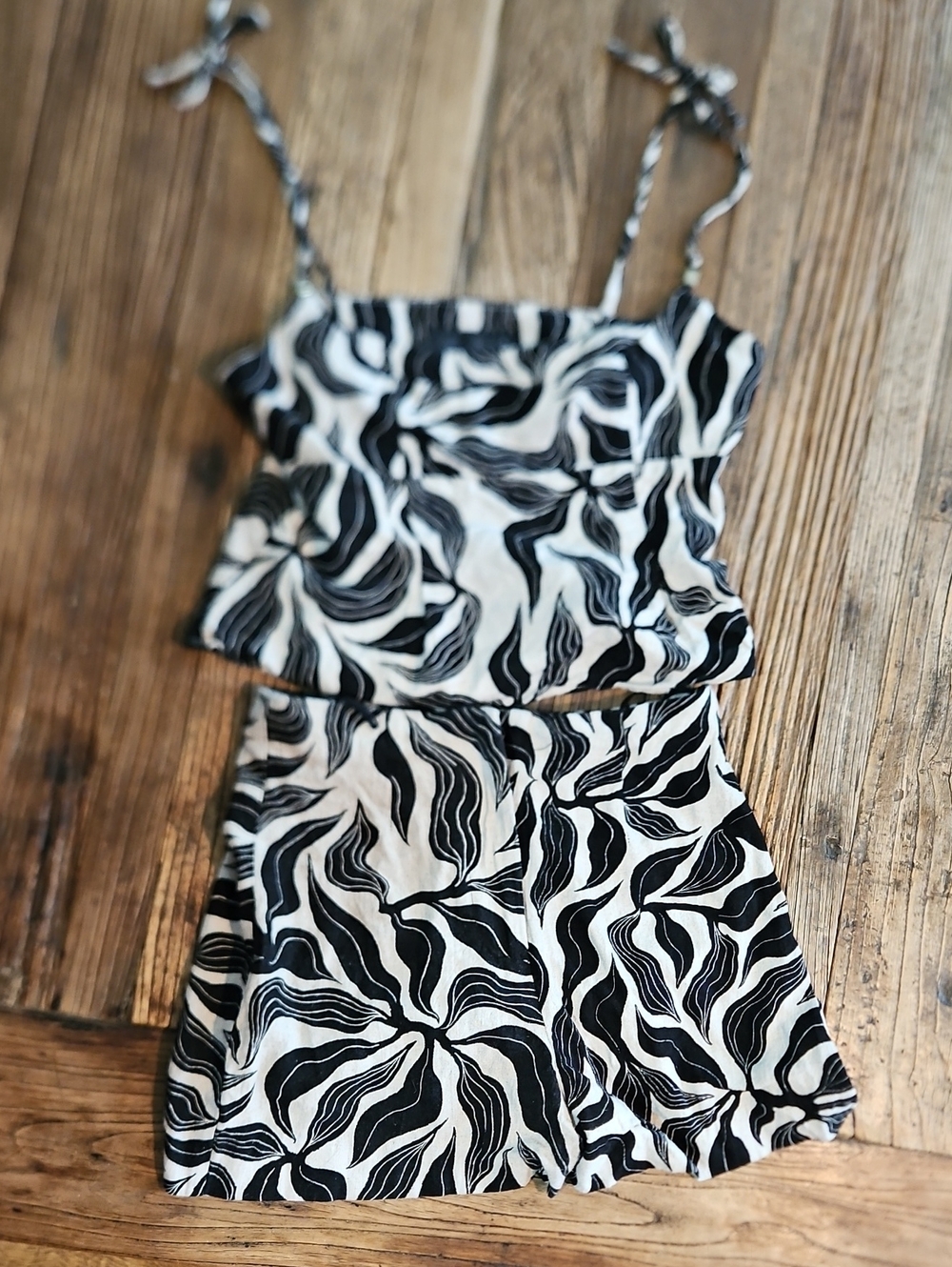 ZARA Black White Abstract Swirl Printed Linen Blend Matching Set Top Shorts S